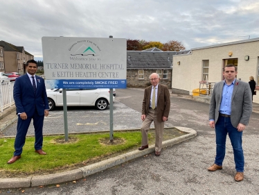 Douglas and Sandesh outside Keith Health Centre with Keith PPG Chair Leon Stelmach 